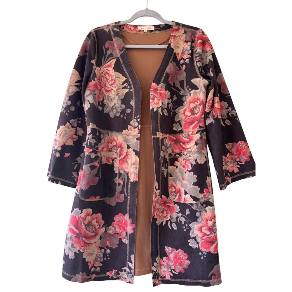 Anthropologie Solitaire Emilie Floral Faux Sueded Kimono Open Jacket S Black Pin